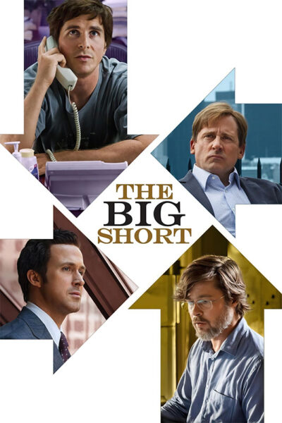 Poster for the 2015 film The Big Short featuring four men in business attire, each in separate arrow-shaped frames, with the movie title in the centre. Movie poster print available in A1 to A4 sizes.
