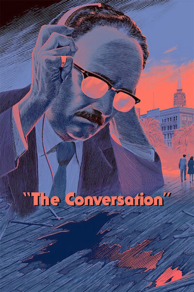 Stylized illustration of a man wearing headphones, adjusting them with one hand, with the title The Conversation in bold letters below, referencing the classic 1974 movie. Movie poster print available in A1 to A4 sizes.