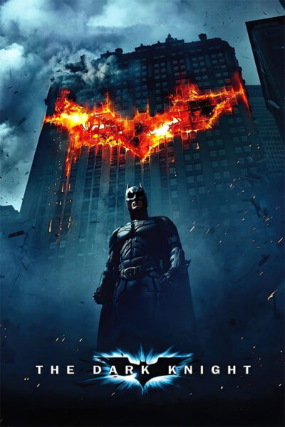 Poster for The Dark Knight (2008) showing Batman standing in front of a burning building with a flaming bat symbol above. Movie poster print available in A1 to A4 sizes.