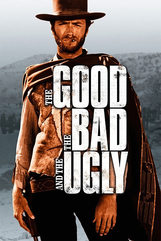 Product-Image_0004_The Good, the Bad and the Ugly.jpg A cowboy with a cigar and hat stands in front of a desert background; large text reads The Good, The Bad and the Ugly, referencing the iconic 1966 Western movie. Movie poster print available in A1 to A4 sizes.
