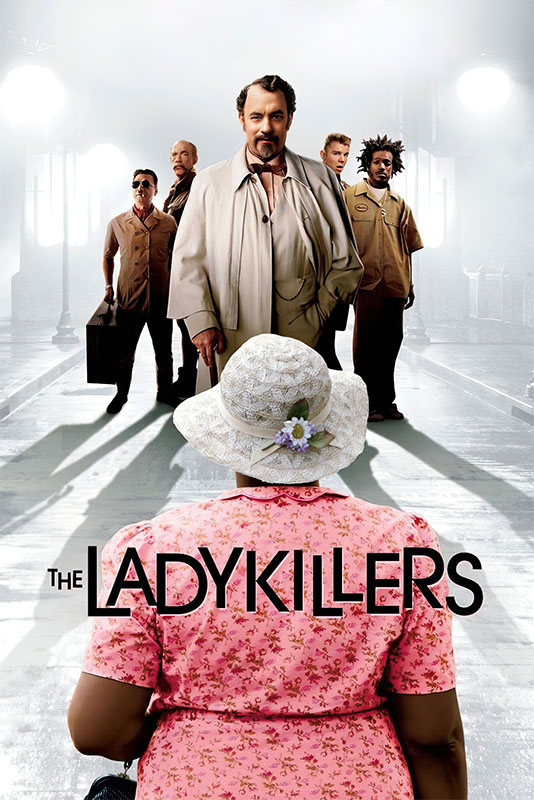 Product-Image_0004_The Ladykillers.jpg A group of five men stand facing an older woman in a pink dress and white hat; the title The Ladykillers appears at the bottom, referencing the 2004 movie. Movie poster print available in A1 to A4 sizes.