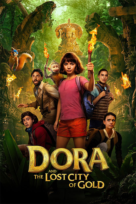 Product-Image_0004_The Lost City of D.jpg Movie poster for the 2019 film Dora and the Lost City of Gold, featuring Dora and five companions holding torches in a lush jungle with ancient ruins in the background. Movie poster print available in A1 to A4 sizes.