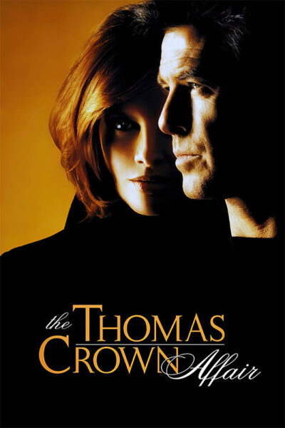 A woman and a man stand closely together against a gold gradient background, capturing the intrigue of the 1999 movie The Thomas Crown Affair, with the title written below them. Movie poster print available in A1 to A4 sizes.