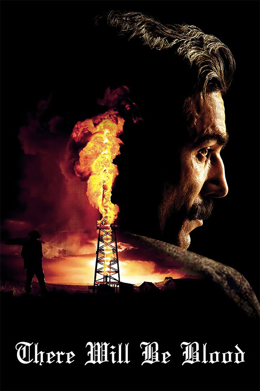 Product-Image_0004_There Will Be Blood.jpg A man’s face in profile is blended with an image of an oil derrick on fire at sunset; a silhouetted figure stands nearby. Text reads, There Will Be Blood, referencing the acclaimed 2007 movie. Movie poster print available in A1 to A4 sizes.