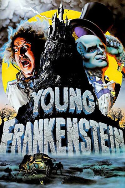 Illustrated movie poster for Mel Brooks’ 1974 movie Young Frankenstein, showing a frightened scientist, a monster in a tuxedo, a castle on a hill, and the film title in large stone-textured letters. Movie poster print available in A1 to A4 sizes.