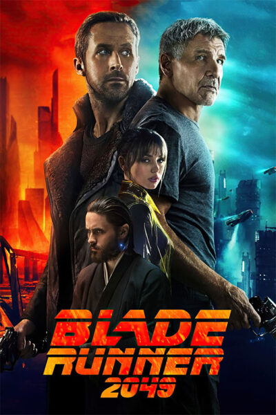 Four characters stand against a futuristic cityscape lit by orange and blue hues; the text “Blade Runner 2049 2017” appears at the bottom, evoking the iconic atmosphere of Blade Runner. Movie poster print available in A1 to A4 sizes.