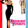 Illustrated poster of Breakfast at Tiffany’s (1961) featuring a woman in a black dress holding a cat, with a couple embracing in the background. Movie poster print available in A1 to A4 sizes.