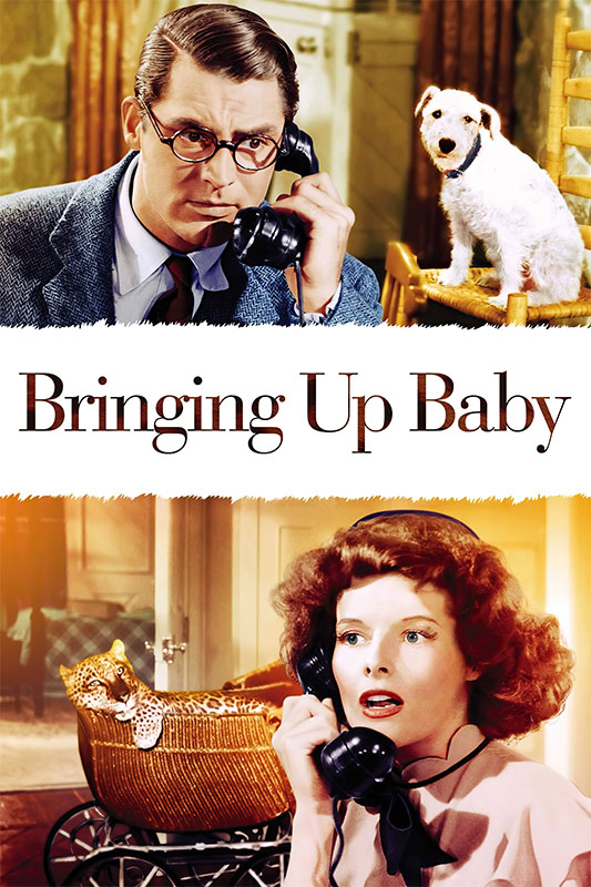 Product-Image_0005_Bringing Up Baby.jpg A man and a woman talk on telephones while a dog and a leopard are nearby. Text reads Bringing Up Baby, the classic comedy from 1938. Movie poster print available in A1 to A4 sizes.
