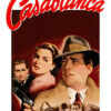 A vintage 1949 movie poster for Casablanca featuring a man in a trench coat and fedora, a woman, another man, and several smaller portraits, with the iconic title in red at the top. Movie poster print available in A1 to A4 sizes.