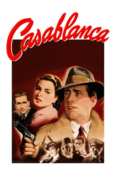 A vintage 1949 movie poster for Casablanca featuring a man in a trench coat and fedora, a woman, another man, and several smaller portraits, with the iconic title in red at the top. Movie poster print available in A1 to A4 sizes.
