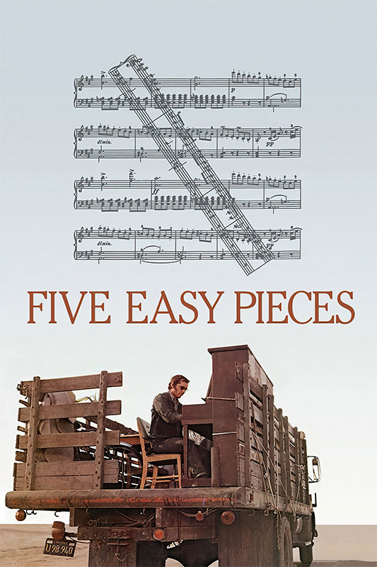 Product-Image_0005_Five Easy Pieces.jpg A man plays piano on the back of a flatbed truck beneath sheet music and the title Five Easy Pieces in bold letters. Movie poster print available in A1 to A4 sizes.