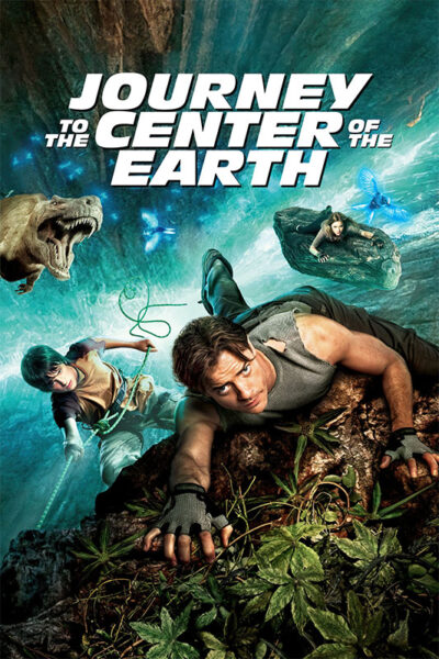 Three people climb through a cave surrounded by plants, with a dinosaur and large insects nearby. The text reads Journey to the Centre of the Earth, inspired by the thrilling 2008 movie. Movie poster print available in A1 to A4 sizes.