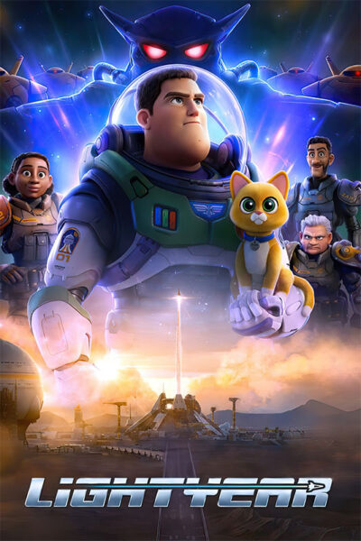 Poster for the Lightyear movie featuring Buzz Lightyear and other characters standing together, with a rocket launch and starry sky in the background. Perfect for fans of the 2022 adventure, Lightyear. Movie poster print available in A1 to A4 sizes.