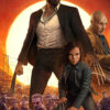 Movie poster for Logan 2017 featuring Wolverine and two other main characters with claws, standing before a blazing sun, with armed figures and vehicles in the background. The title LOGAN appears boldly at the bottom. Movie poster print available in A1 to A4 sizes.