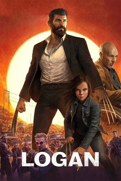 Movie poster for Logan 2017 featuring Wolverine and two other main characters with claws, standing before a blazing sun, with armed figures and vehicles in the background. The title LOGAN appears boldly at the bottom. Movie poster print available in A1 to A4 sizes.