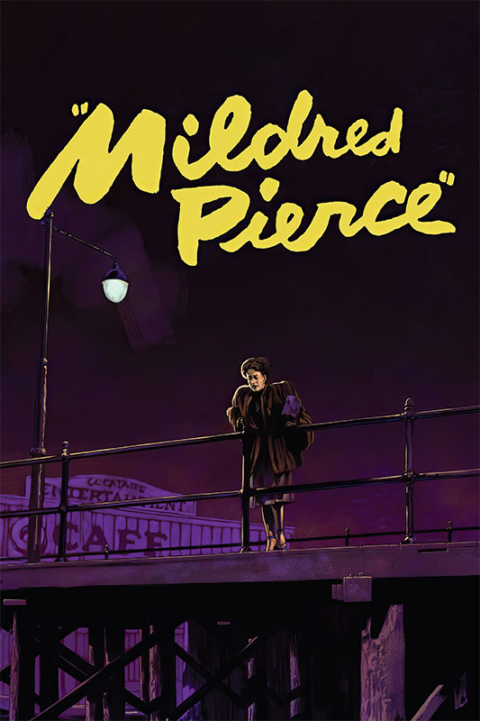 Product-Image_0005_Mildred Pierce.jpg A woman stands alone on a bridge at night under a streetlamp, with the title Mildred Pierce in large yellow script above her, evoking the suspenseful mood of the 1945 film. Movie poster print available in A1 to A4 sizes.