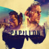 Movie poster for the 2017 movie Papillon featuring two men’s faces, prison scenes, and the film title inside a butterfly-shaped design on a beige background. Movie poster print available in A1 to A4 sizes.