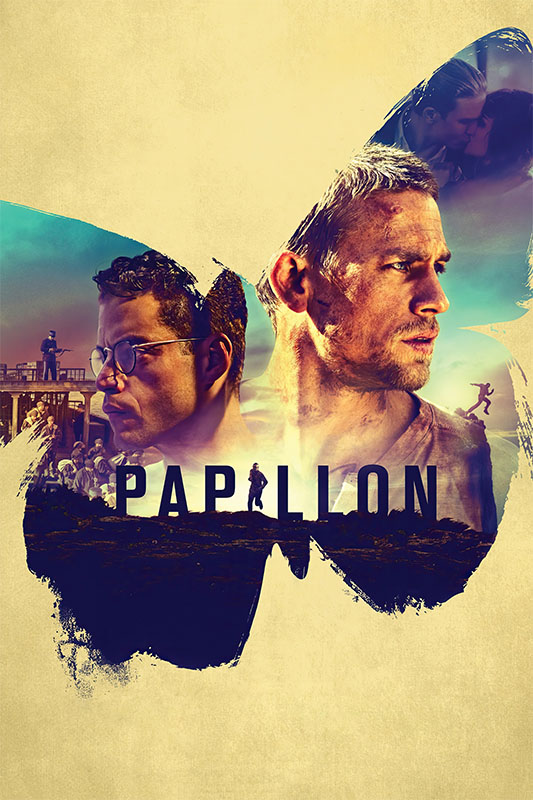 Product-Image_0005_Papillon.jpg Movie poster for the 2017 movie Papillon featuring two men’s faces, prison scenes, and the film title inside a butterfly-shaped design on a beige background. Movie poster print available in A1 to A4 sizes.