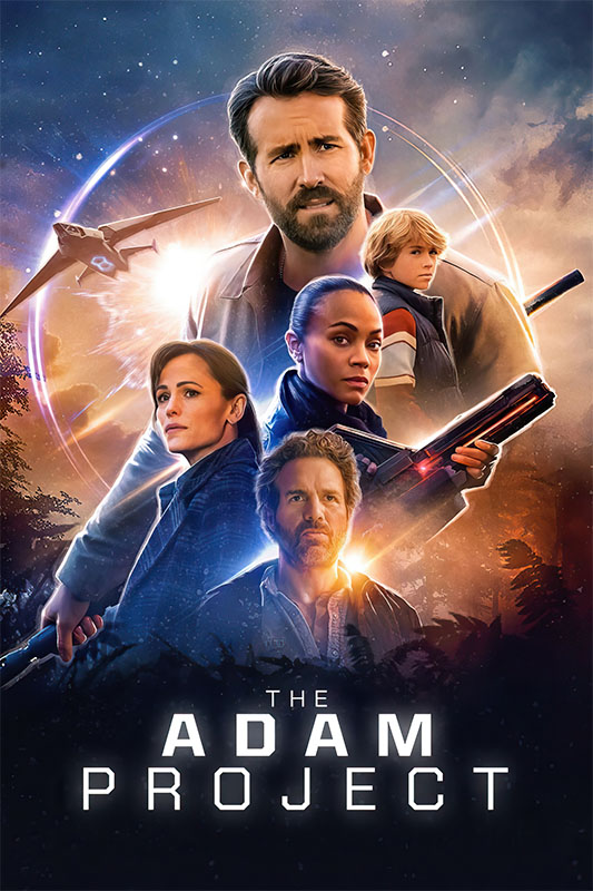 Product-Image_0005_The Adam Project.jpg Movie poster for The Adam Project (2022) featuring five main characters, including a man in the centre, with a spacecraft and glowing ring in the background. Movie poster print available in A1 to A4 sizes.