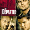 Movie poster for The Departed (2006) featuring three mens serious faces in separate frames, with a red cityscape and the film title in bold white text. Movie poster print available in A1 to A4 sizes.