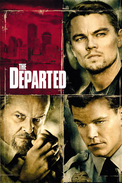 Movie poster for The Departed (2006) featuring three mens serious faces in separate frames, with a red cityscape and the film title in bold white text. Movie poster print available in A1 to A4 sizes.