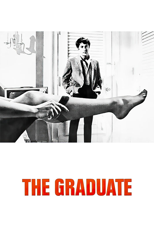 Product-Image_0005_The Graduate.jpg A young man in a suit stands in a room, looking at a womans leg in the foreground; the words The Graduate (1967) appear in bold red letters at the bottom. Movie poster print available in A1 to A4 sizes.