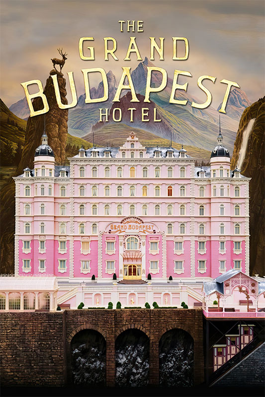 Product-Image_0005_The Grand Budapest Hotel.jpg A large, ornate pink hotel labeled The Grand Budapest Hotel stands in front of a mountainous backdrop with a deer statue on a peak, capturing the whimsical charm of the 2014 film. Movie poster print available in A1 to A4 sizes.
