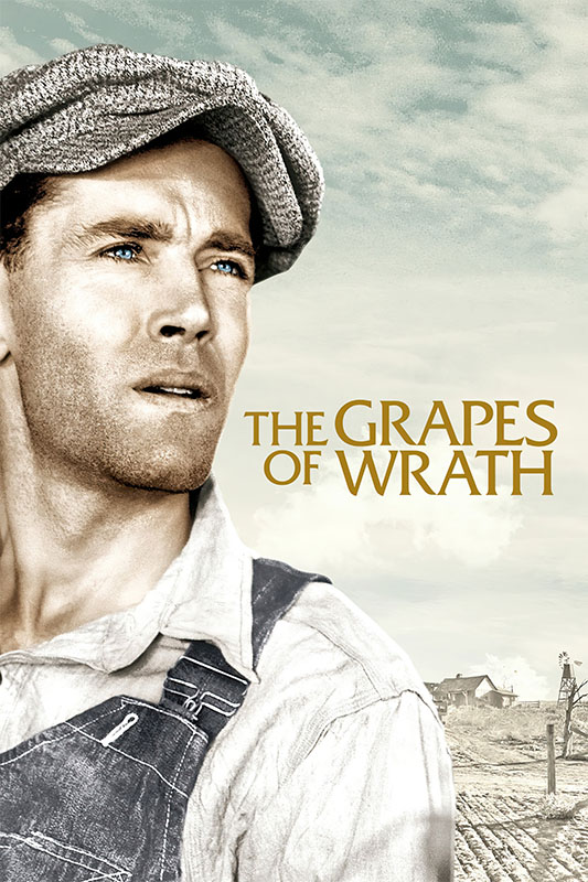 Product-Image_0005_The Grapes of Wrath.jpg A man in overalls and a cap looks into the distance; text reads The Grapes of Wrath against a rural, sepia-toned background from the classic film. Movie poster print available in A1 to A4 sizes.