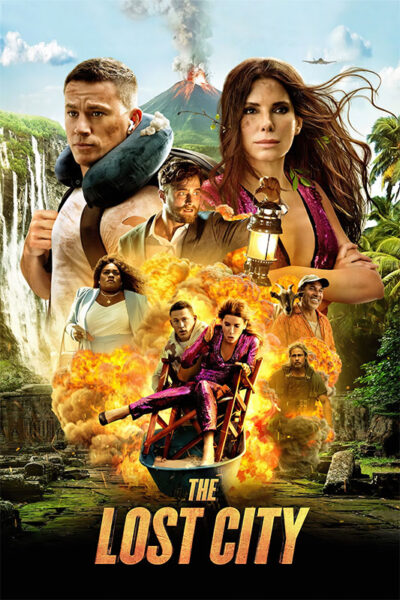 Movie poster for the 2022 film The Lost City featuring actors in adventure poses, set against an erupting volcano, waterfall, and lush jungle backdrop, with the movie title boldly displayed at the bottom. Movie poster print available in A1 to A4 sizes.