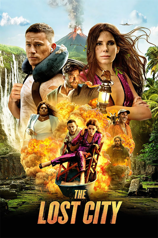 Product-Image_0005_The Lost City.jpg Movie poster for the 2022 film The Lost City featuring actors in adventure poses, set against an erupting volcano, waterfall, and lush jungle backdrop, with the movie title boldly displayed at the bottom. Movie poster print available in A1 to A4 sizes.