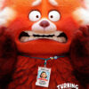 A large red panda cartoon character with a worried expression wears a student ID badge around its neck. The title Turning Red (2022) appears in the bottom right corner. Movie poster print available in A1 to A4 sizes.