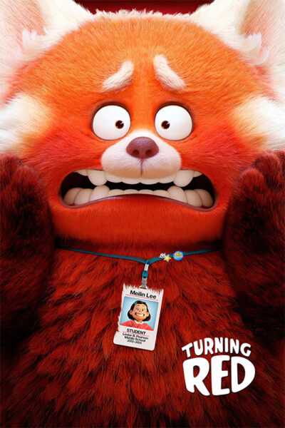 A large red panda cartoon character with a worried expression wears a student ID badge around its neck. The title Turning Red (2022) appears in the bottom right corner. Movie poster print available in A1 to A4 sizes.