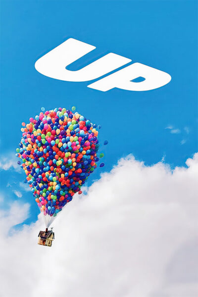 A small house is lifted into the sky by hundreds of colourful balloons, with the word UP in large white letters against a blue sky. Movie poster print available in A1 to A4 sizes.