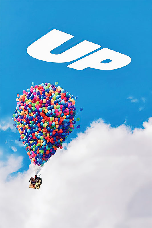 Product-Image_0005_Up.jpg A small house is lifted into the sky by hundreds of colourful balloons, with the word UP in large white letters against a blue sky. Movie poster print available in A1 to A4 sizes.