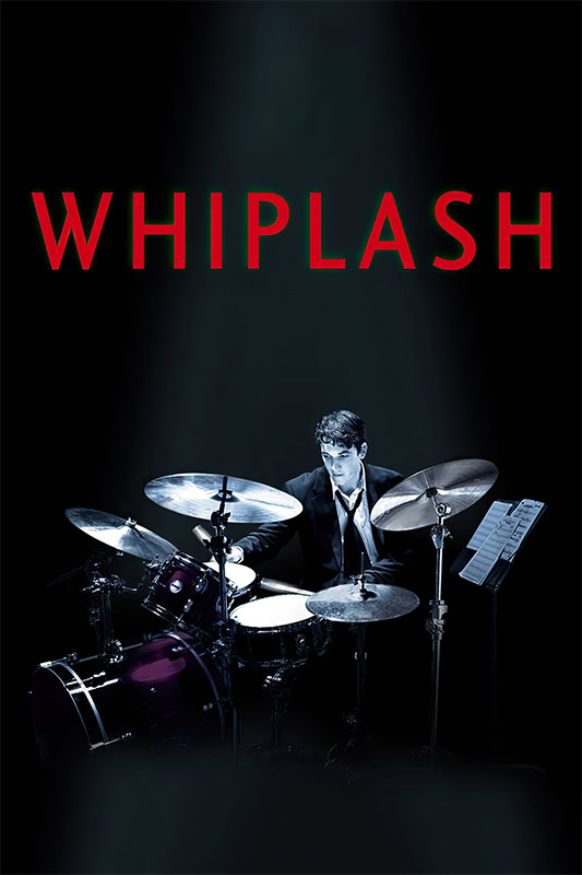 Product-Image_0005_Whiplash.jpg A man in a suit plays a drum set under a spotlight with sheet music nearby; the word Whiplash, referencing the acclaimed 2014 movie, appears in large red letters above him. Movie poster print available in A1 to A4 sizes.
