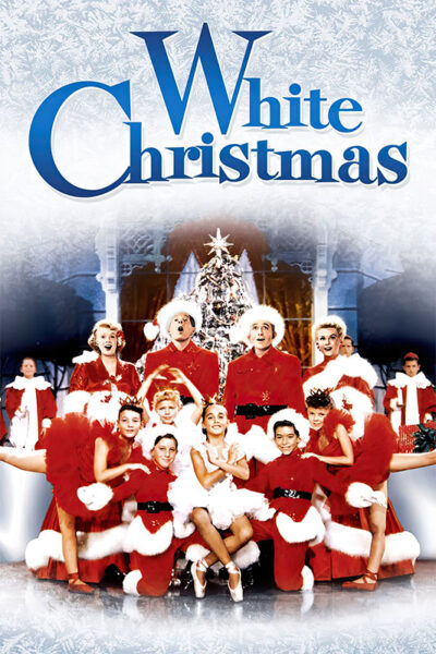 Poster for the 1954 film White Christmas, featuring performers in red and white costumes posing in front of a decorated Christmas tree. Movie poster print available in A1 to A4 sizes.