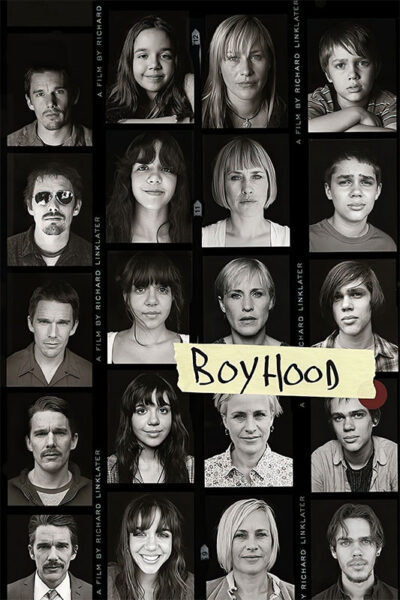 A collage of black and white portraits shows the same characters at different ages, capturing the coming-of-age story of Boyhood. The title appears on a yellow strip in the centre, referencing the acclaimed 2014 film. Movie poster print available in A1 to A4 sizes.