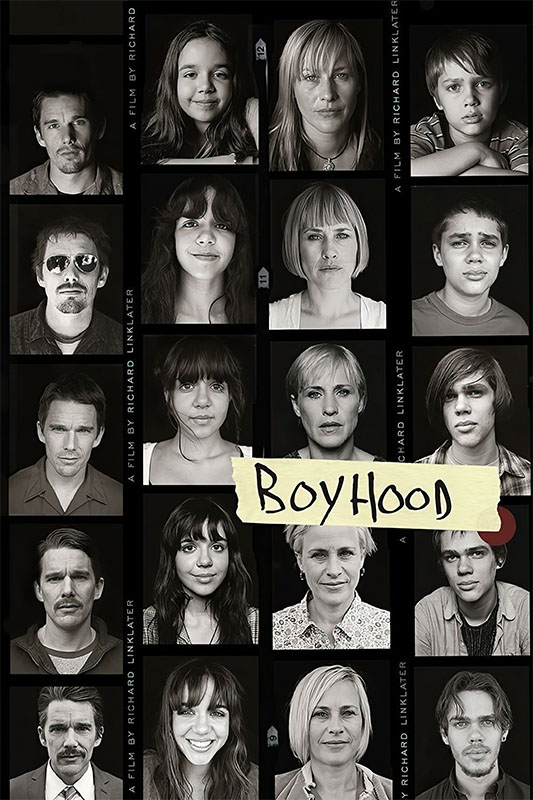 Product-Image_0006_Boyhood.jpg A collage of black and white portraits shows the same characters at different ages, capturing the coming-of-age story of Boyhood. The title appears on a yellow strip in the centre, referencing the acclaimed 2014 film. Movie poster print available in A1 to A4 sizes.