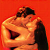 A man and a woman embrace and kiss passionately against a bright red background, with the word BREATHLESS in large white letters above them, capturing the intensity of the iconic Breathless movie. Movie poster print available in A1 to A4 sizes.