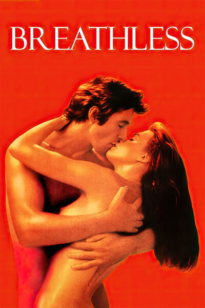 A man and a woman embrace and kiss passionately against a bright red background, with the word BREATHLESS in large white letters above them, capturing the intensity of the iconic Breathless movie. Movie poster print available in A1 to A4 sizes.