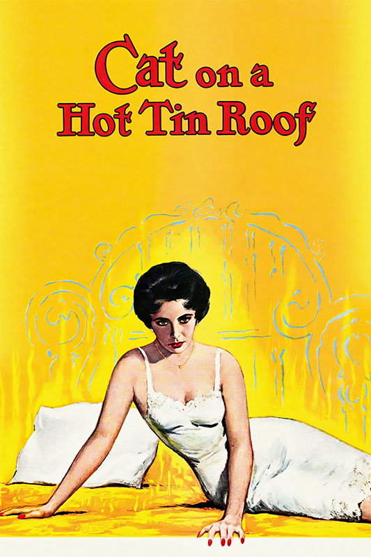 Product-Image_0006_Cat on a Hot Tin Roof.jpg A woman in a white slip dress sits on a bed against a yellow background, with Cat on a Hot Tin Roof, the classic movie from 1958, displayed above her in bold red and orange letters. Movie poster print available in A1 to A4 sizes.