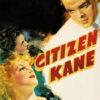 Poster for the 1949 film Citizen Kane featuring three people, with the title in bold yellow and red letters across the centre. Movie poster print available in A1 to A4 sizes.