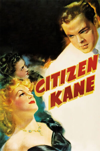 Poster for the 1949 film Citizen Kane featuring three people, with the title in bold yellow and red letters across the centre. Movie poster print available in A1 to A4 sizes.
