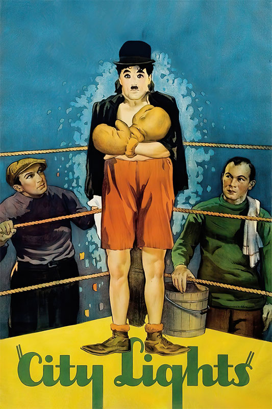 Product-Image_0006_City Lights.jpg A vintage 1931 poster for City Lights shows a man in a bowler hat and boxing gear standing in a ring, flanked by two men, with water splashing behind him. Movie poster print available in A1 to A4 sizes.