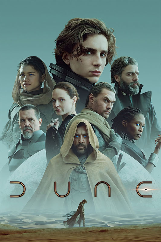 Product-Image_0006_Dune.jpg A group of serious-faced characters from the movie Dune are arranged against a desert backdrop, with one figure in a hooded cloak standing alone in the sand below. Movie poster print available in A1 to A4 sizes.