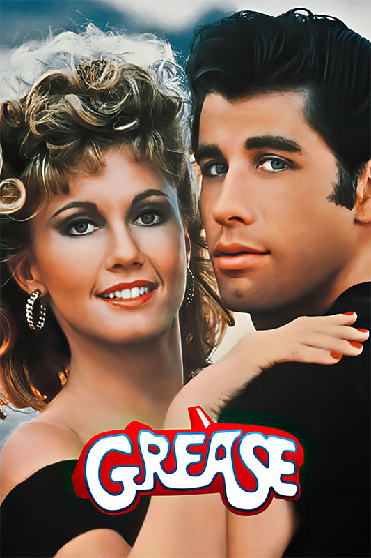Product-Image_0006_Grease.jpg A woman and man in 1950s-style outfits pose closely together, with the Grease film logo displayed at the bottom, capturing the iconic vibe of the beloved 1978 movie. Movie poster print available in A1 to A4 sizes.