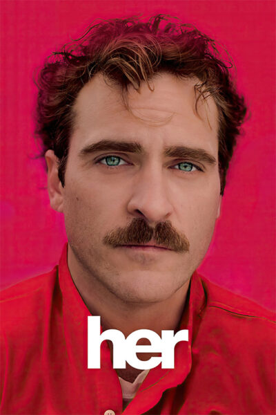 A man with a mustache and curly hair stares ahead against a pink background, with the word her in bold white text at the bottom. Movie poster print available in A1 to A4 sizes.