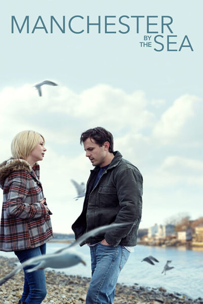 A woman and a man stand on a rocky shoreline with seagulls flying around, both looking serious. The title Manchester by the Sea (2016) appears at the top of the image. Movie poster print available in A1 to A4 sizes.