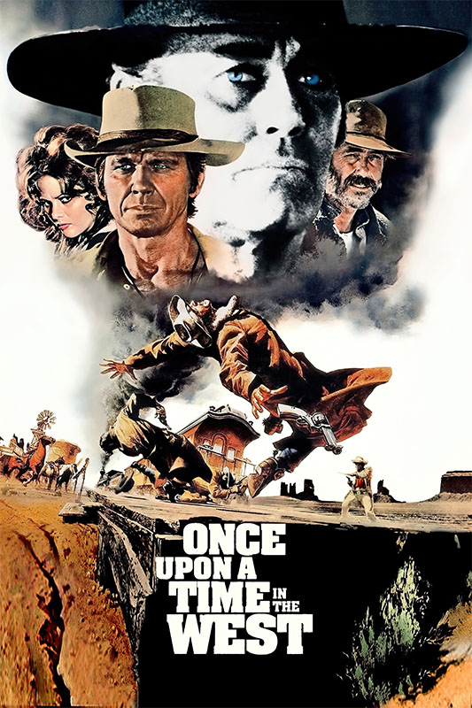 Product-Image_0006_Once Upon a Time in the West.jpg Movie poster for the 1968 Western film Once Upon a Time in the West, featuring close-up portraits of characters above an action scene and the film title at the bottom. Movie poster print available in A1 to A4 sizes.