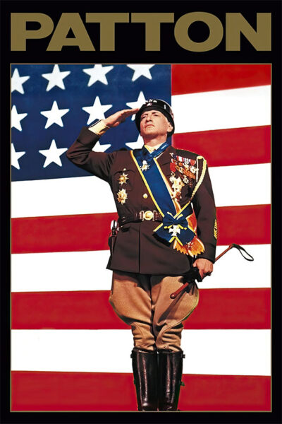 A man in a decorated military uniform salutes in front of a large American flag; the word PATTON appears at the top, referencing the iconic scene from the Patton movie. Movie poster print available in A1 to A4 sizes.
